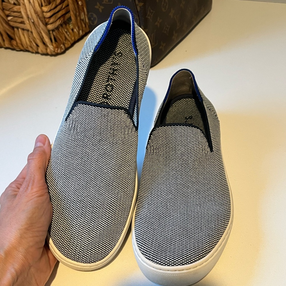 ROTHY’S Original Slip On Sneaker in Anchor, blue and white knit, size 9/EU 40